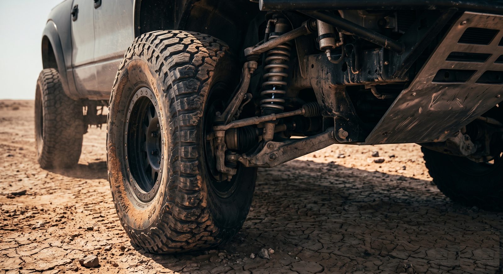 Close-up of 4x4 suspension coilover and all-terrain tire on cracked desert ground