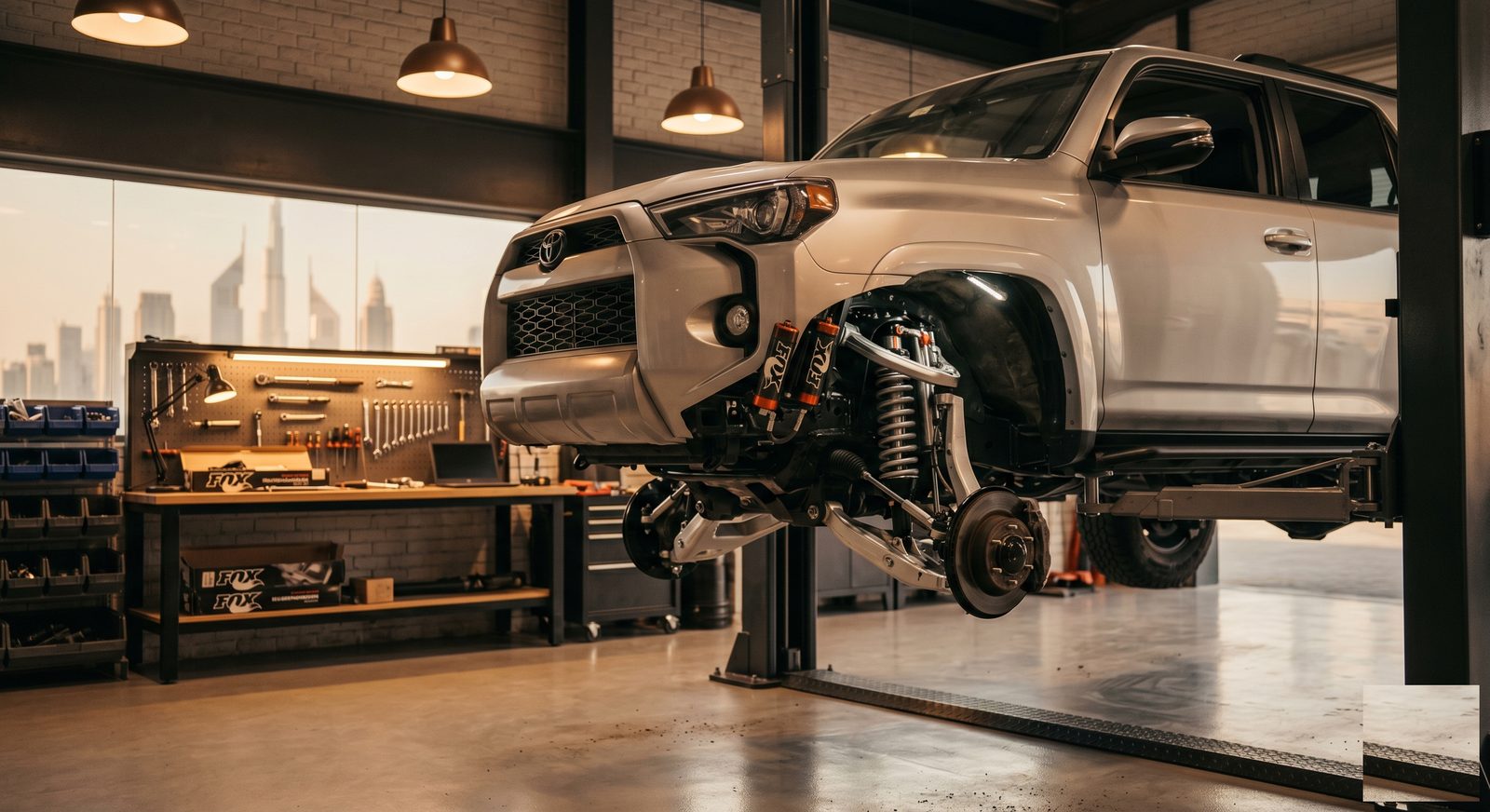 Toyota 4Runner on workshop lift with Fox suspension upgrade, Dubai skyline visible through workshop window