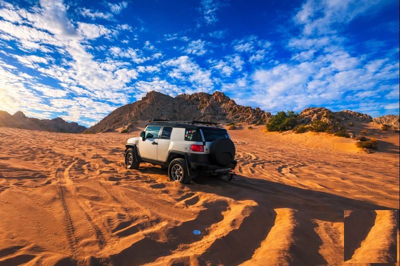 Toyota FJ Cruiser body-on-frame stance in red dune territory