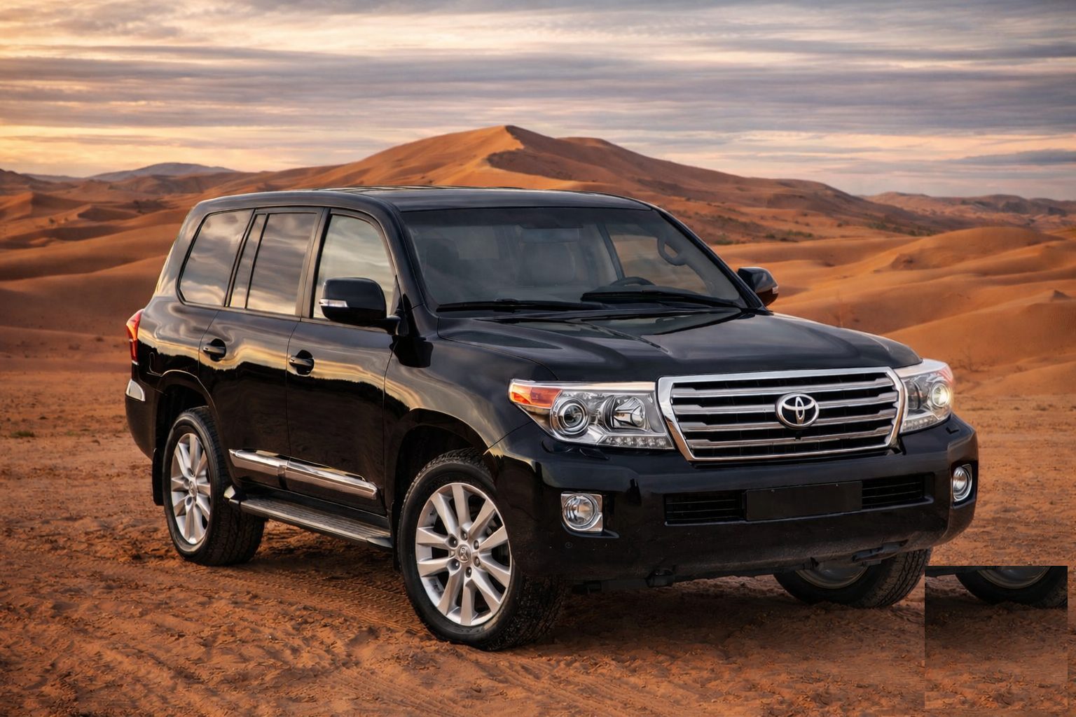 Toyota Land Cruiser 200 V8 cresting a dune at speed