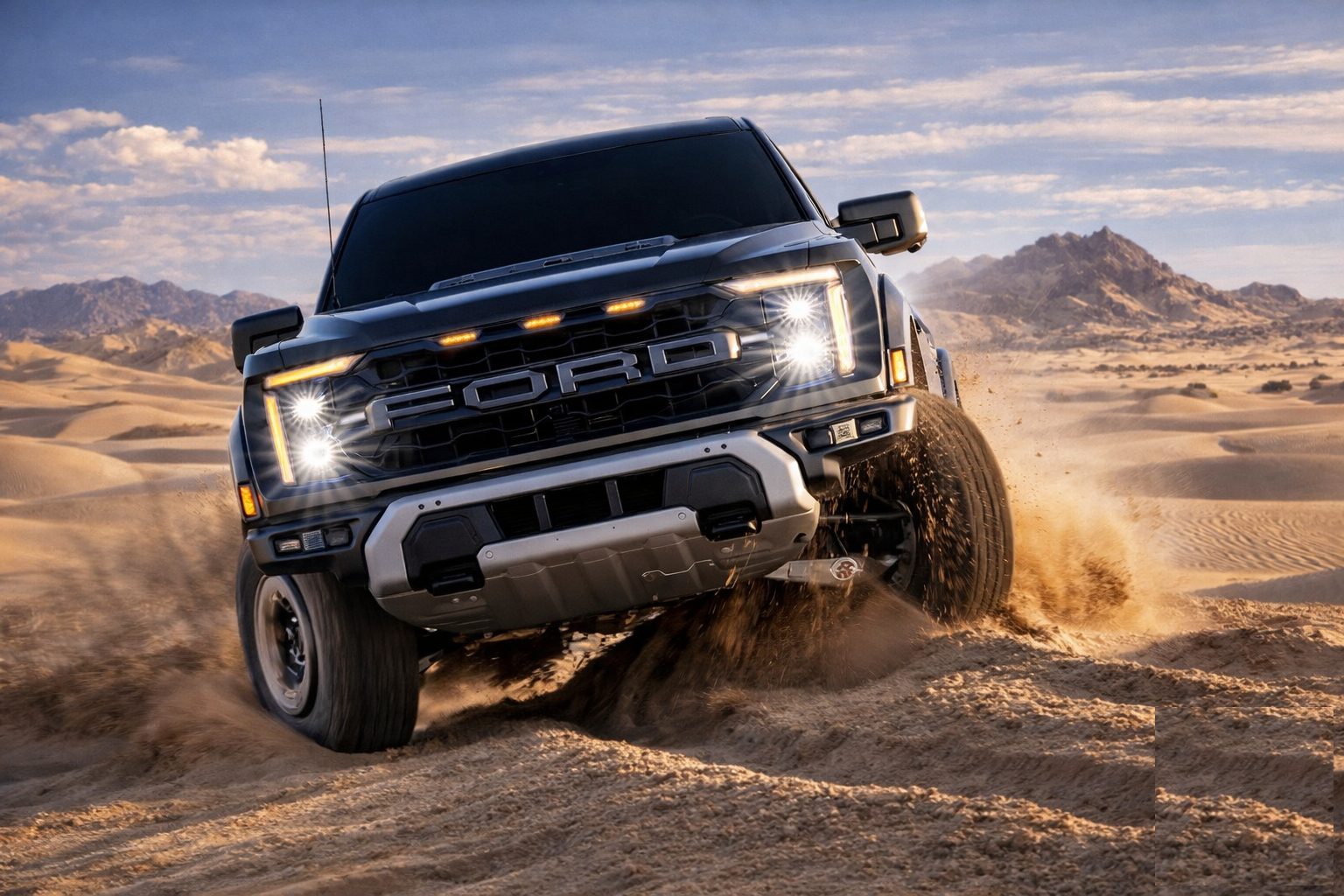Ford F-150 Raptor at speed across desert chop